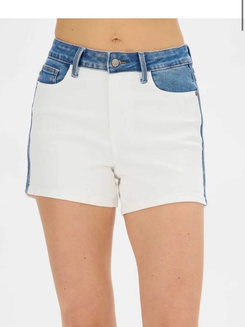 Judy Blue 2 Tone High Raise White Shorts with Blue Denim Waist and Trim Size XL